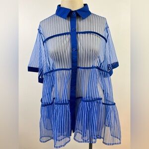C Yard Blue Sheer Striped Button Front Peplum Top, Size Large
